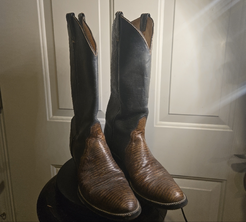 FD Men's Black and Brown Leather And Lizard Cowboy Boots 8 1/2 D - Picture 2 of 12